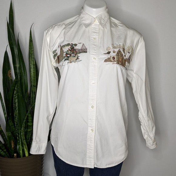 ✨3/$15 Woolrich white winter scene button up S - Picture 1 of 6